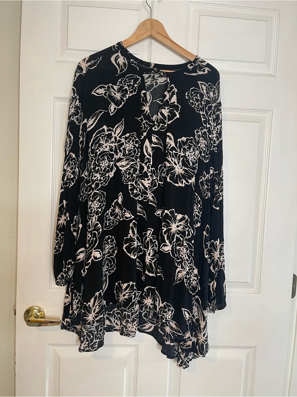 Free People Black Tunic with Ivory Floral Print
